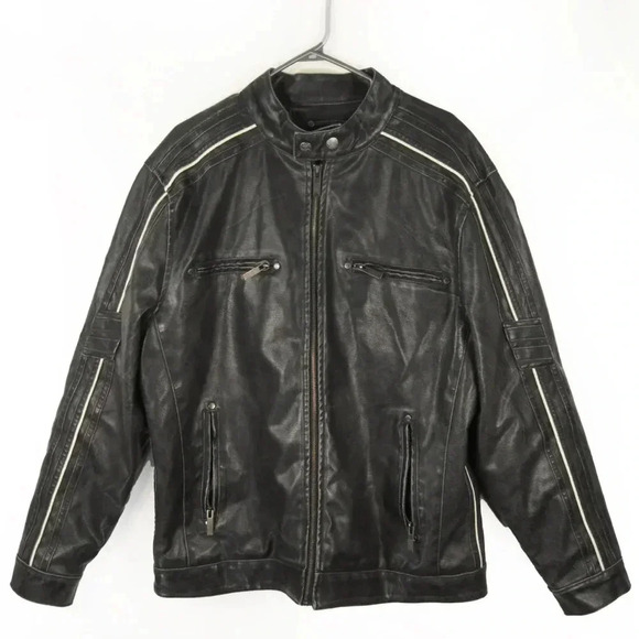 Vintage Moto Gear Black Striped Leather Biker  Motorcycle Faux Leather Jacket - Picture 2 of 4